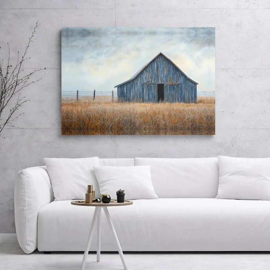 Rustic Blue Barn Canvas Wall Art | Country Farmhouse Landscape Print | 1.25-Inch Gallery Wrap | Farmhouse Decor Gift for Home Office