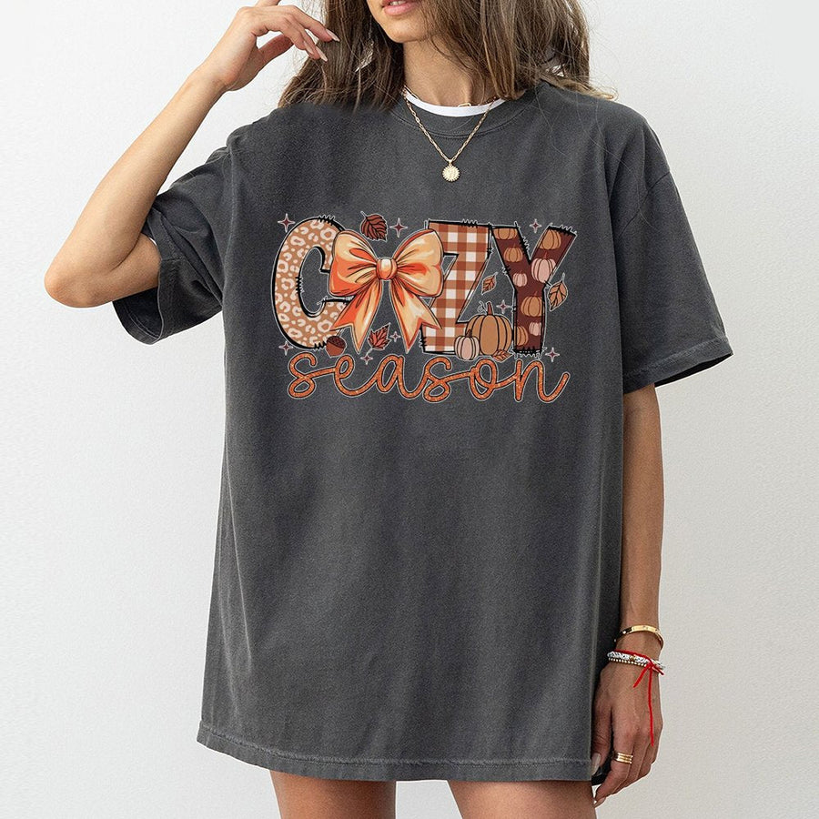 Cozy Season T-Shirt | Fall Pumpkin Aesthetic Graphic Tee | 100% Cotton Premium Comfort | Cute Thanksgiving Bow Outfit For Women