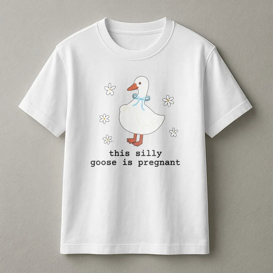 Pregnant Goose Graphic T-Shirt | Silly Goose Floral Design | Premium Soft Cotton | Funny Pregnancy Announcement Gift for Her