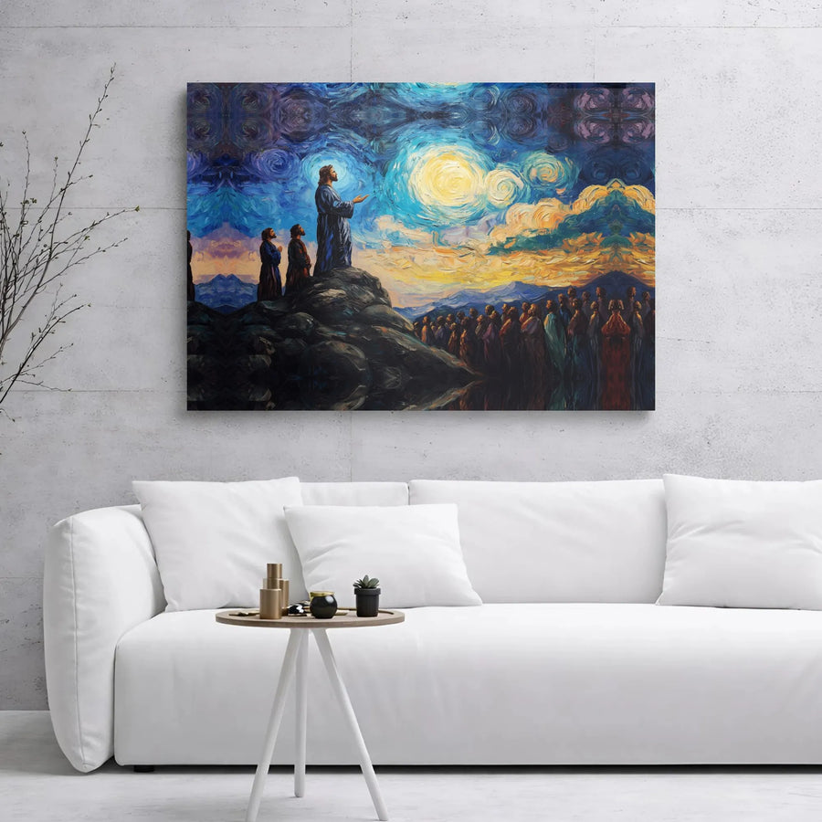 Jesus Sermon On The Mount Canvas Art | Van Gogh Starry Night Style Painting | Premium Gallery Wrap | Religious Home Decor Gift