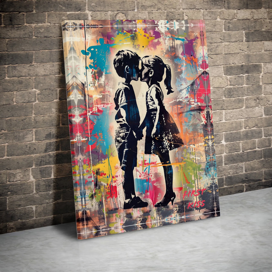 First Kiss Graffiti Canvas Art | Colorful Urban Street Style Print | Premium Gallery-Wrapped Quality | Romantic Wall Decor Gift for Couples