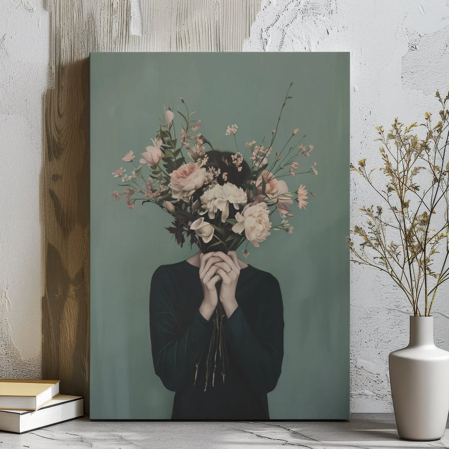 Woman With Flowers Face Canvas | Moody Botanical Portrait | Premium Gallery Wrap Decor | Aesthetic Wall Art for Living Room Home Office Gift