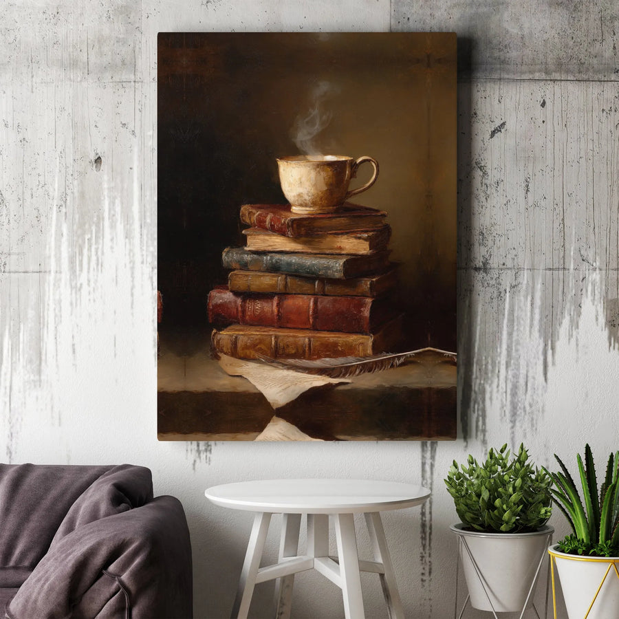 Vintage Books and Coffee Canvas Wall Art | Still Life Quill Pen Illustration | Premium Gallery Wrap Decor | Aesthetic Home Office Gift