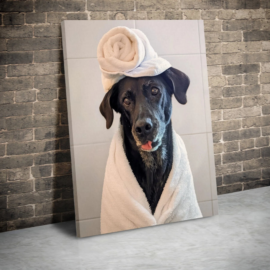 Funny Black Dog Canvas Wall Art | Dog With Towel Turban Bath Photo | 1.25-Inch Premium Gallery Wrap | Quirky Bathroom Decor & Pet Lover Gift