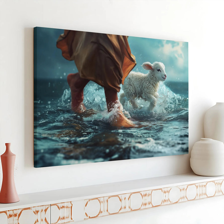 Jesus The Good Shepherd Canvas | Lamb Walking On Water Art | Premium Gallery Wrapped Wall Decor | Religious Christian Gift For Home