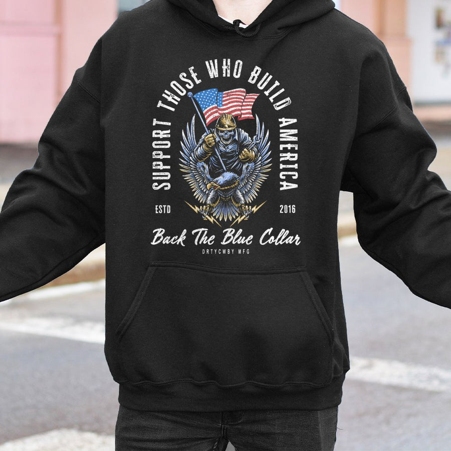 Blue Collar Worker Hoodie | Patriotic American Eagle Construction Skeleton Design | Premium Cotton Blend | Gift for Builder Welder Contractor