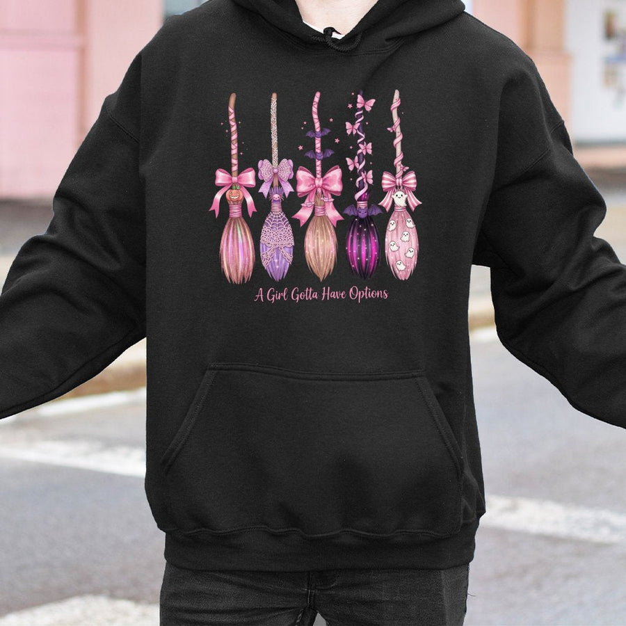Pink Witch Broom Halloween Hoodie | Coquette Aesthetic Witchy Graphic | Premium Cotton Blend | Cute Fall Gift For Women
