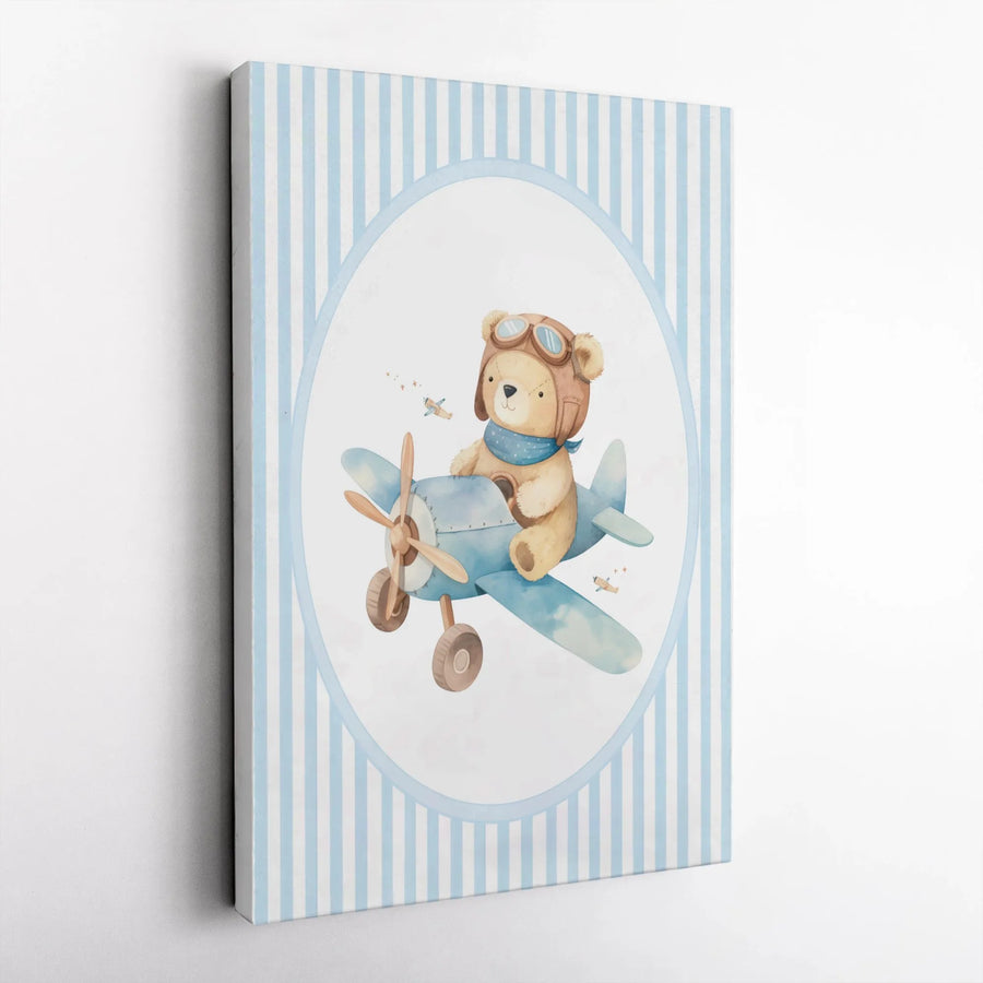 Baby Boy Nursery Wall Art | Cute Teddy Bear Pilot Flying Airplane | Premium Gallery-Wrap Canvas | Charming Baby Shower Gift