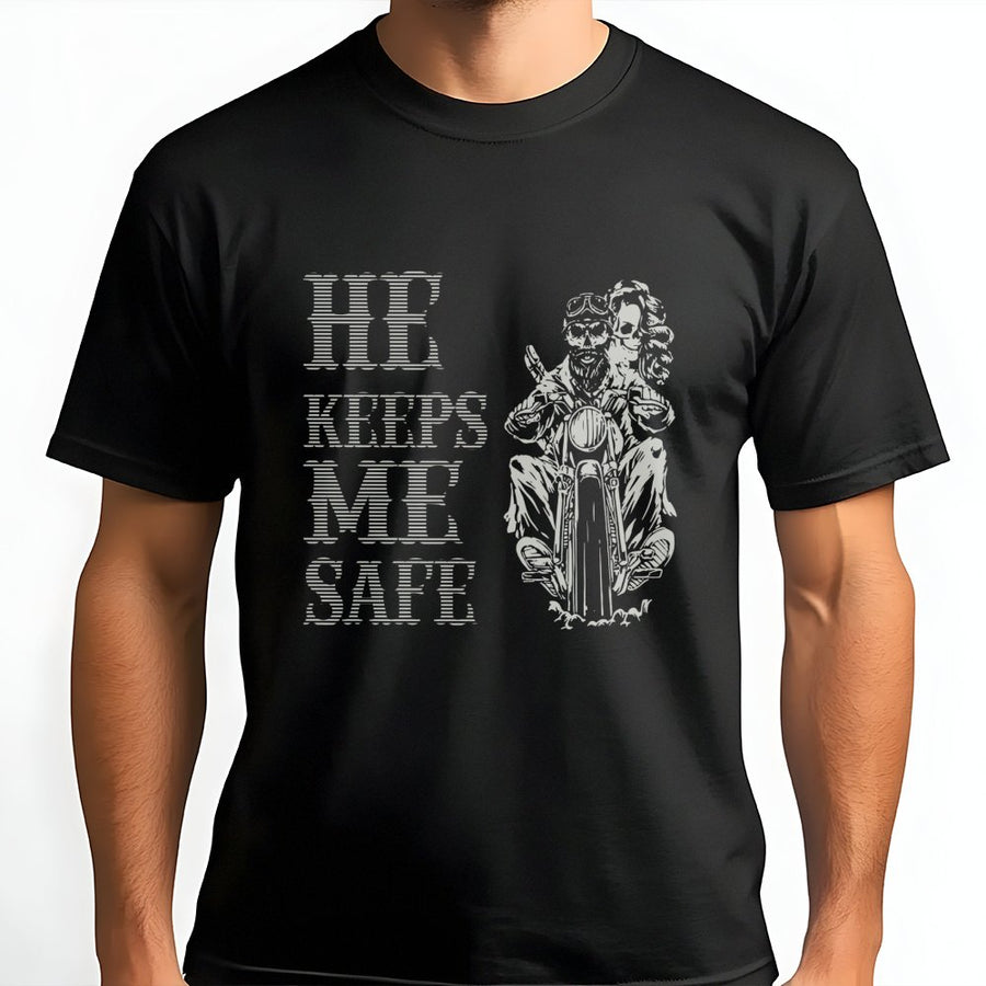 He Keeps Me Safe Biker T-Shirt | Motorcycle Couple Graphic Design | Premium 100% Cotton Tee | Gift for Biker Girlfriend or Wife