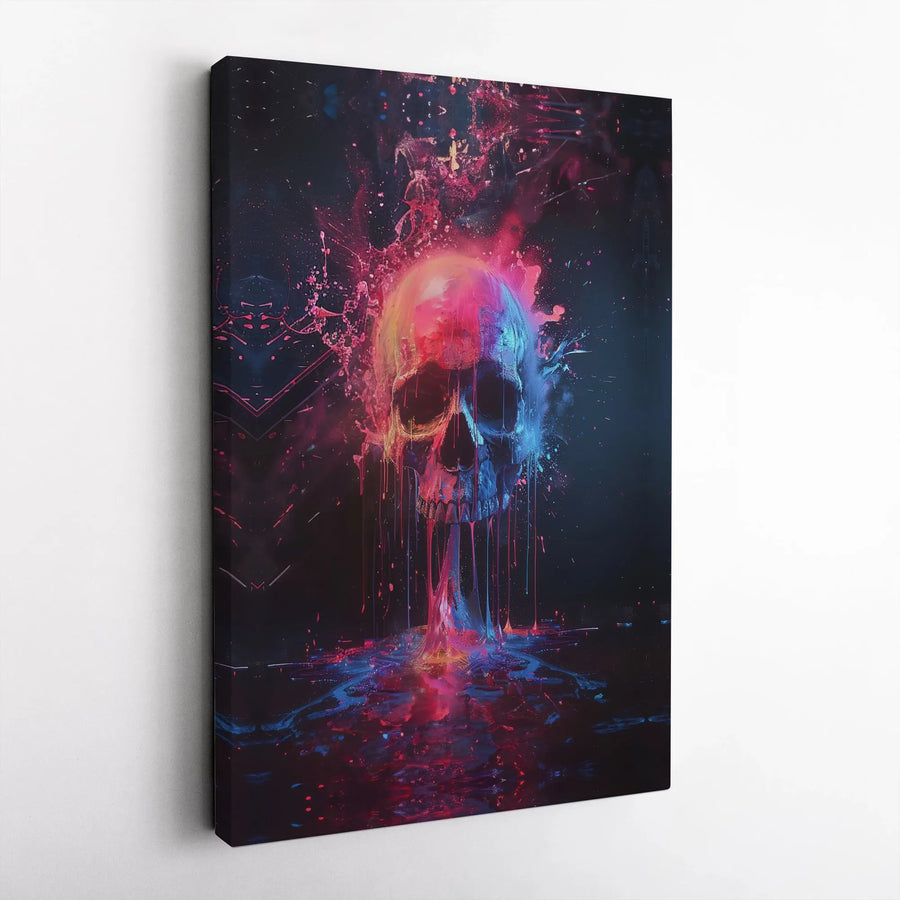 Melting Skull Canvas Print | Neon Cyberpunk Abstract Wall Art | Premium 1.25 inch Gallery Wrap | Dark Aesthetic Decor for Gamer Room