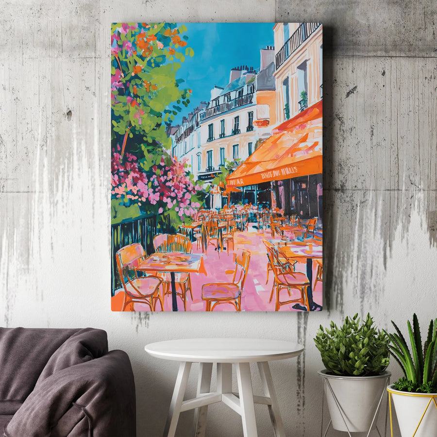 Parisian Cafe Canvas Art | Colorful Street Scene with Flowers | Premium Gallery Wrap Wall Decor | Romantic French Travel Gift for Home