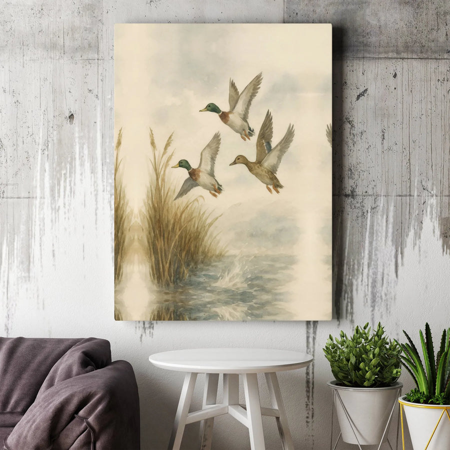 Mallard Duck Canvas Wall Art | Watercolor Flying Ducks Print | Gallery Quality 1.25 Inch Canvas | Rustic Lodge Decor Gift