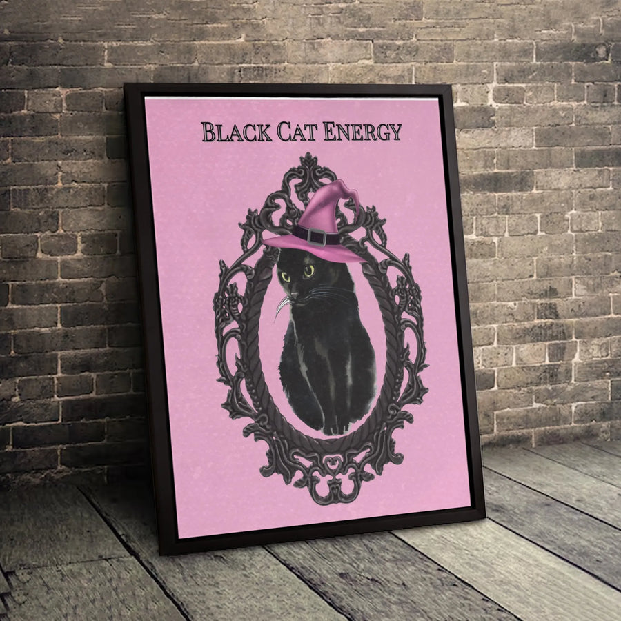 Black Cat Energy Canvas Wall Art | Witchy Pink Gothic Home Decor | Premium Gallery Wrap Print | Whimsical Halloween Gift for Cat Lovers