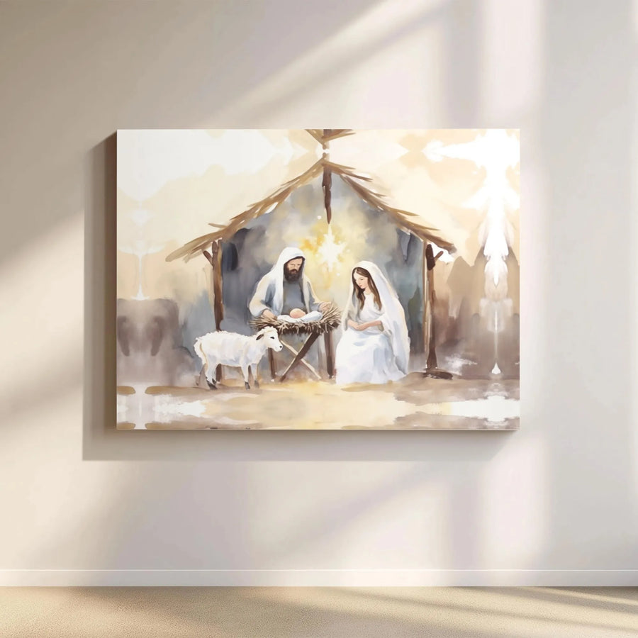 Watercolor Nativity Scene Canvas | Holy Family Christmas Wall Art | Gallery Wrapped Premium Print | Religious Home Decor Gift