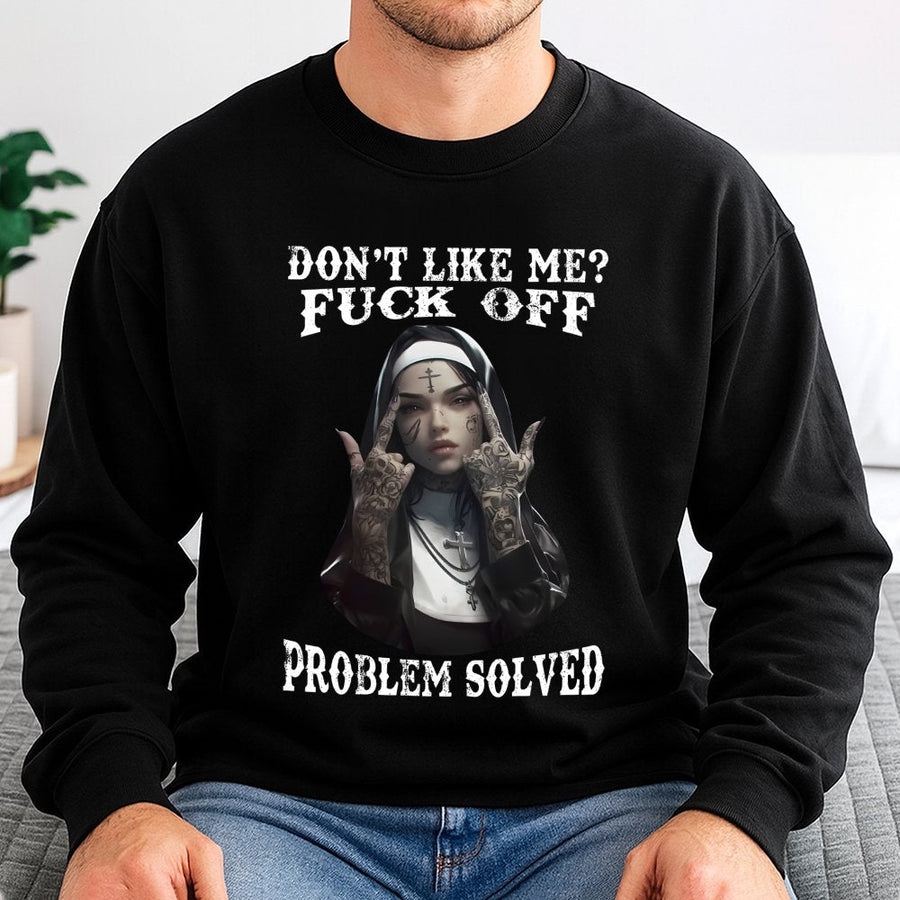 Sassy Nun Graphic Sweatshirt | Edgy Tattoo Girl Artwork | Premium Cotton Blend Crewneck | Unisex Funny Sarcastic Gift for Women & Men