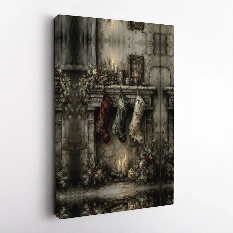 Vintage Christmas Fireplace Canvas Wall Art | Cozy Holiday Stockings Decor | Premium Gallery Wrap Print | Festive Living Room Wall Decor