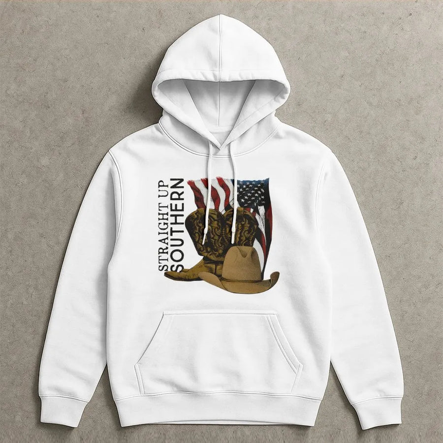 Straight Up Southern Hoodie | American Flag Cowboy Boots & Hat Graphic | Premium Cotton Blend | Patriotic Country Gift for Men & Women