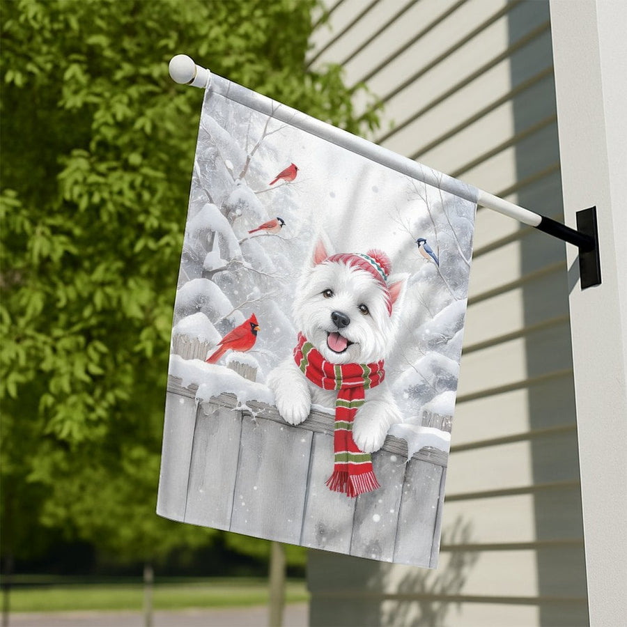 Westie Dog Garden Flag | Winter Cardinal Snow Scene | Premium Polyester Weather-Resistant Decor | Christmas Holiday Yard Garden Banner Gift