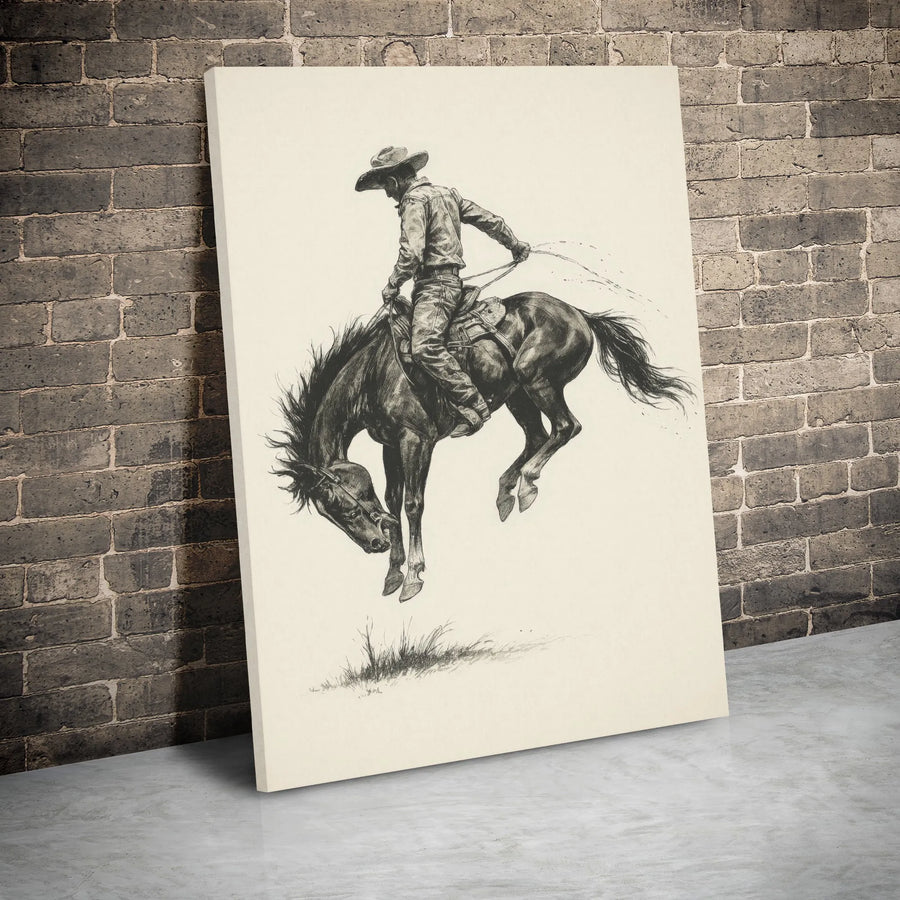 Cowboy Rodeo Canvas Print | Bucking Bronco Sketch Wall Art | Premium Gallery Wrapped Decor | Western Home Gift for Men