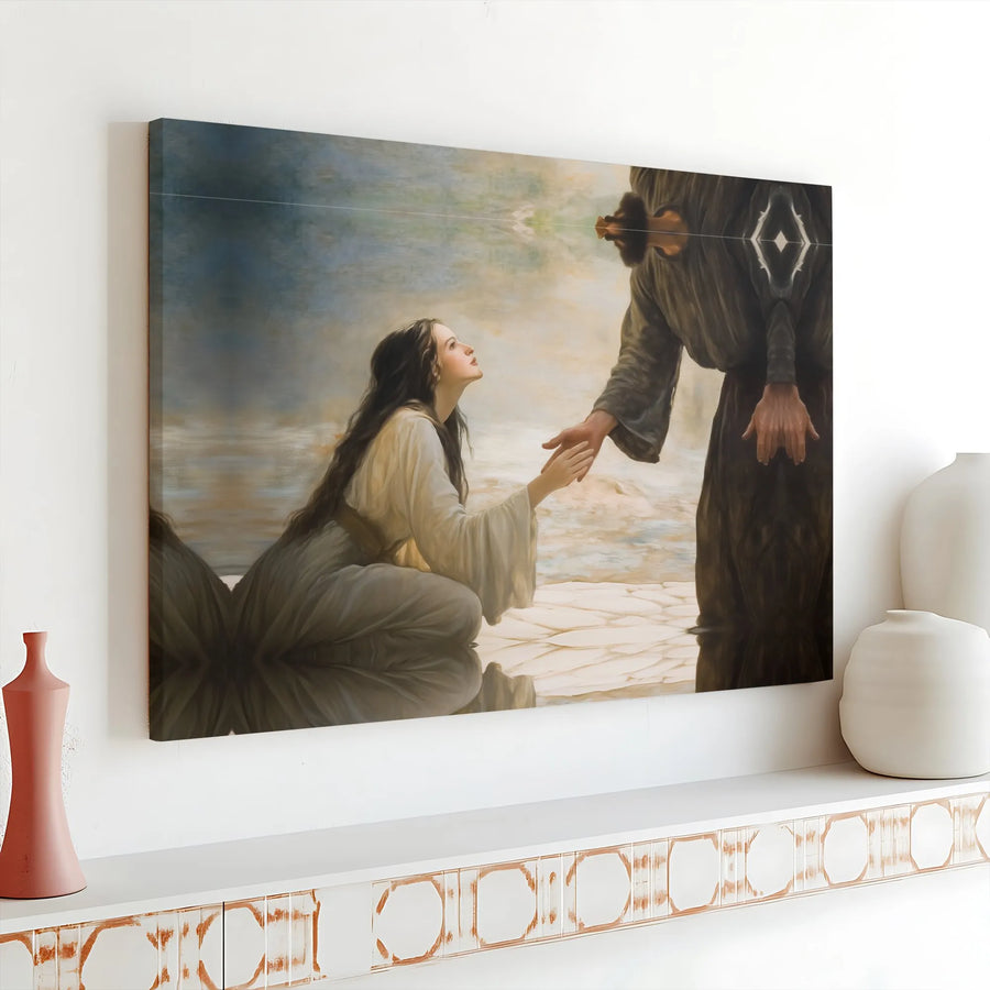 Jesus Reaching Hand Canvas Wall Art | Inspirational Christian Scene | Premium Gallery Wrapped Print | Faith Based Home Decor Gift