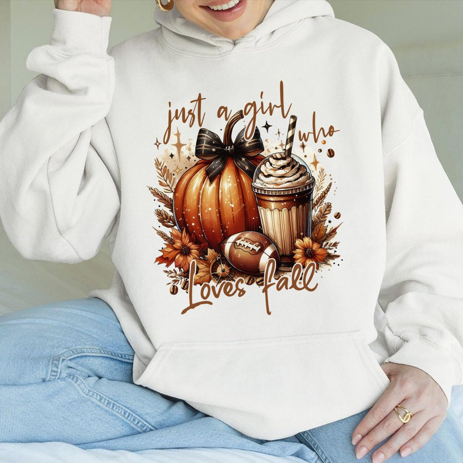 Just A Girl Who Loves Fall Hoodie | Pumpkin Spice & Football Graphic | Cotton-Poly Premium Blend | Cute Autumn Aesthetic Gift for Her
