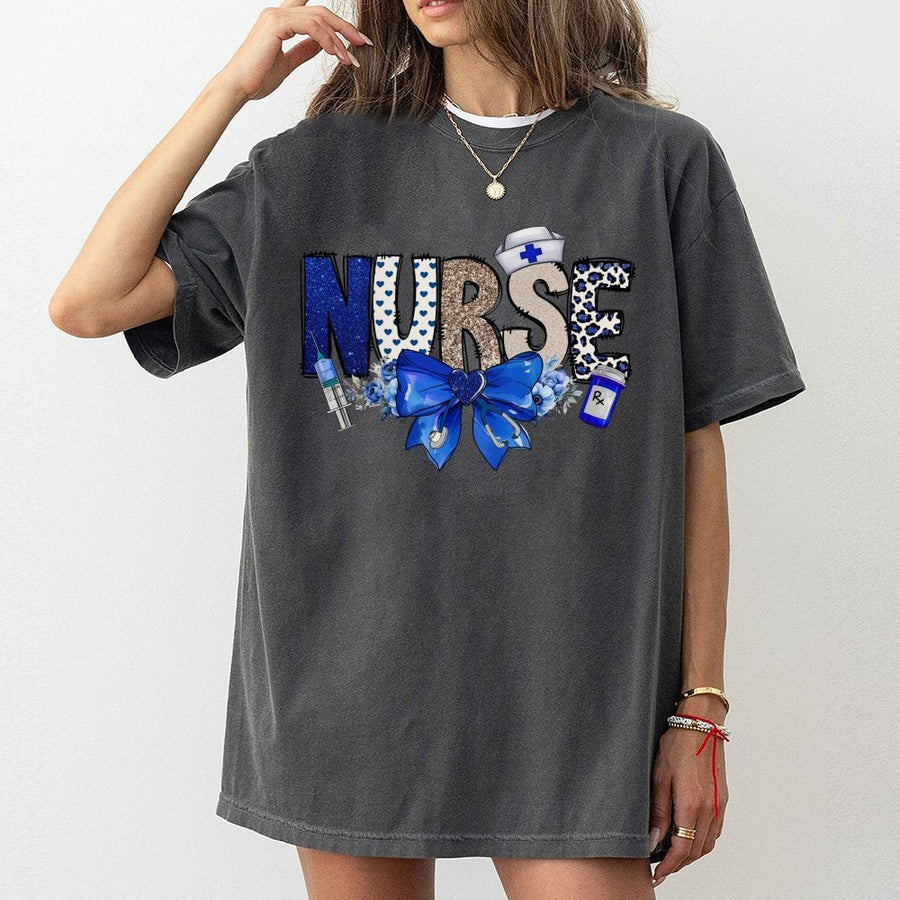 Nurse T-Shirt | Blue Coquette Bow & Floral Stethoscope Design | 100% Premium Cotton | Cute Nursing Graduation Gift for Women RN LPN