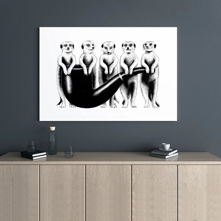 Five Meerkats With Smoking Pipe Canvas Art | Surreal Wildlife Stipple Drawing | Premium Gallery Wrap Decor | Unique Animal Lover Gift