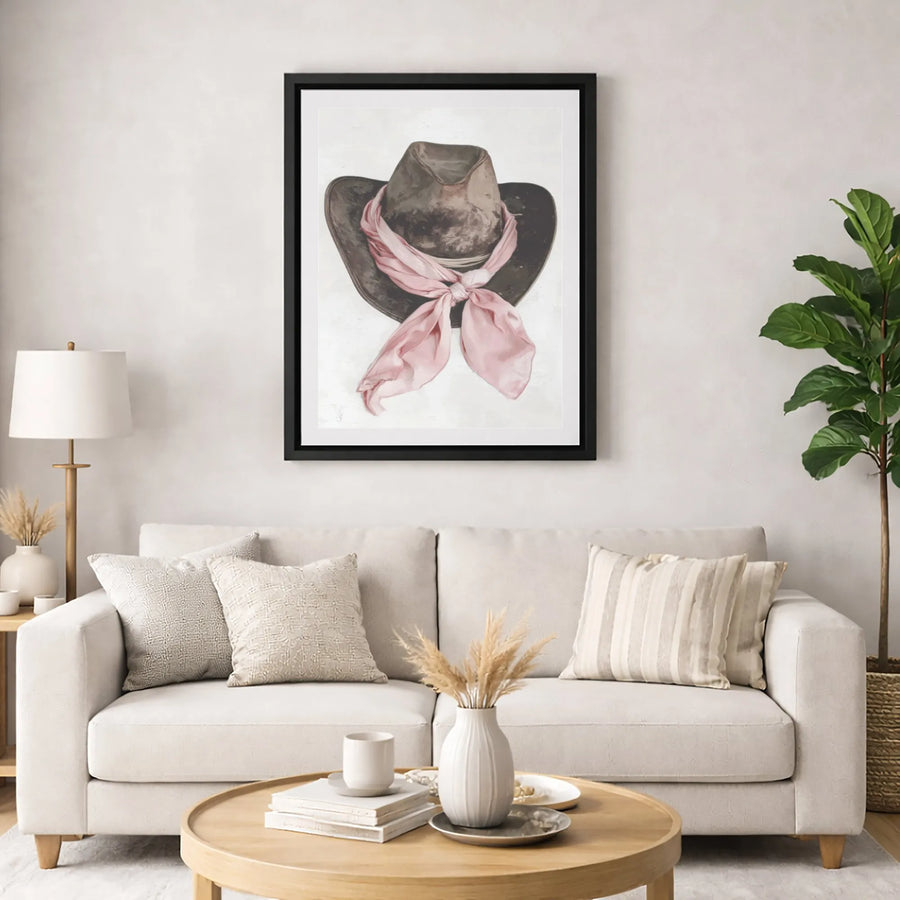 Cowboy Hat Wall Art | Pink Scarf Watercolor Print | Premium Gallery Canvas | Western Boho Home Decor Gift