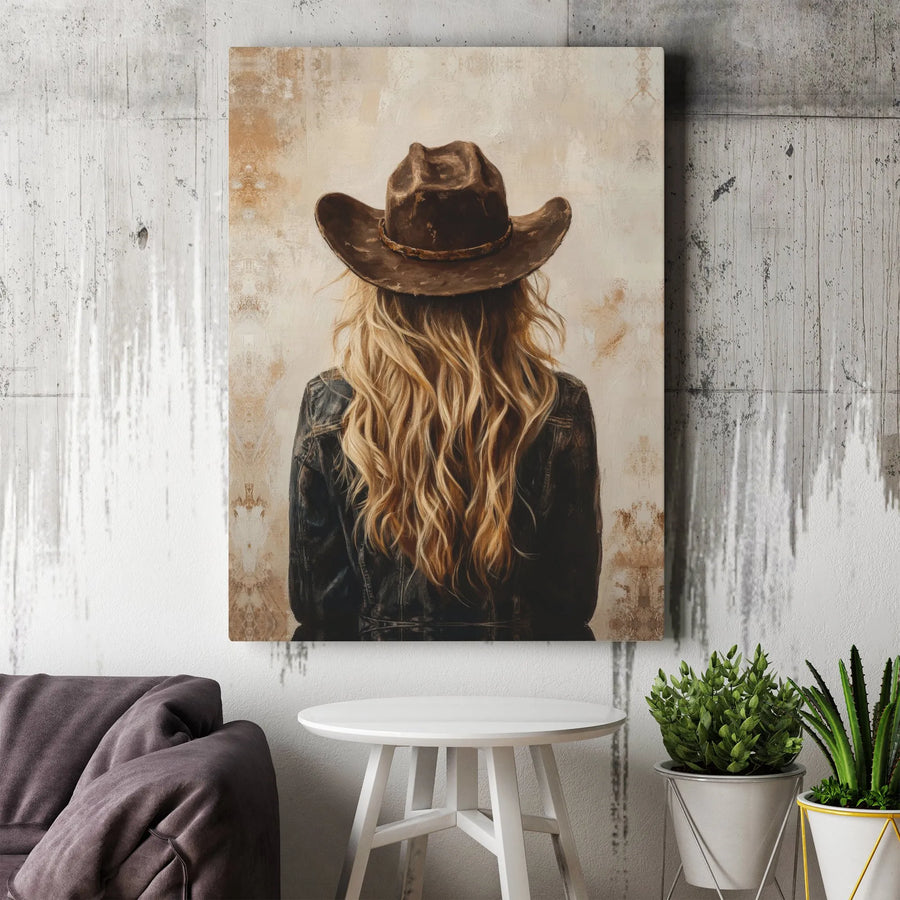Western Cowgirl Wall Art | Blonde Woman in Cowboy Hat Portrait | Premium Fade-Resistant Canvas | Rustic Farmhouse Home Decor Gift