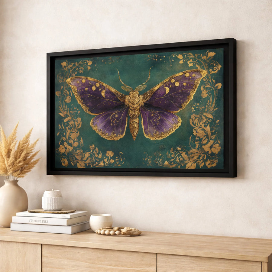 Celestial Lunar Moth Wall Art | Gold Filigree Botanical Print | Premium Gallery Wrapped Canvas | Moody Dark Academia Home Decor