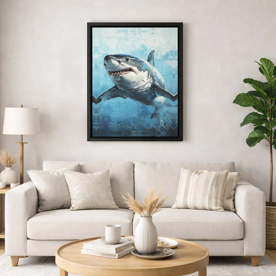 Great White Shark Canvas Wall Art | Abstract Ocean Predator Oil Painting Style | Premium 1.25" Gallery Wrap | Marine Life Home Decor Gift