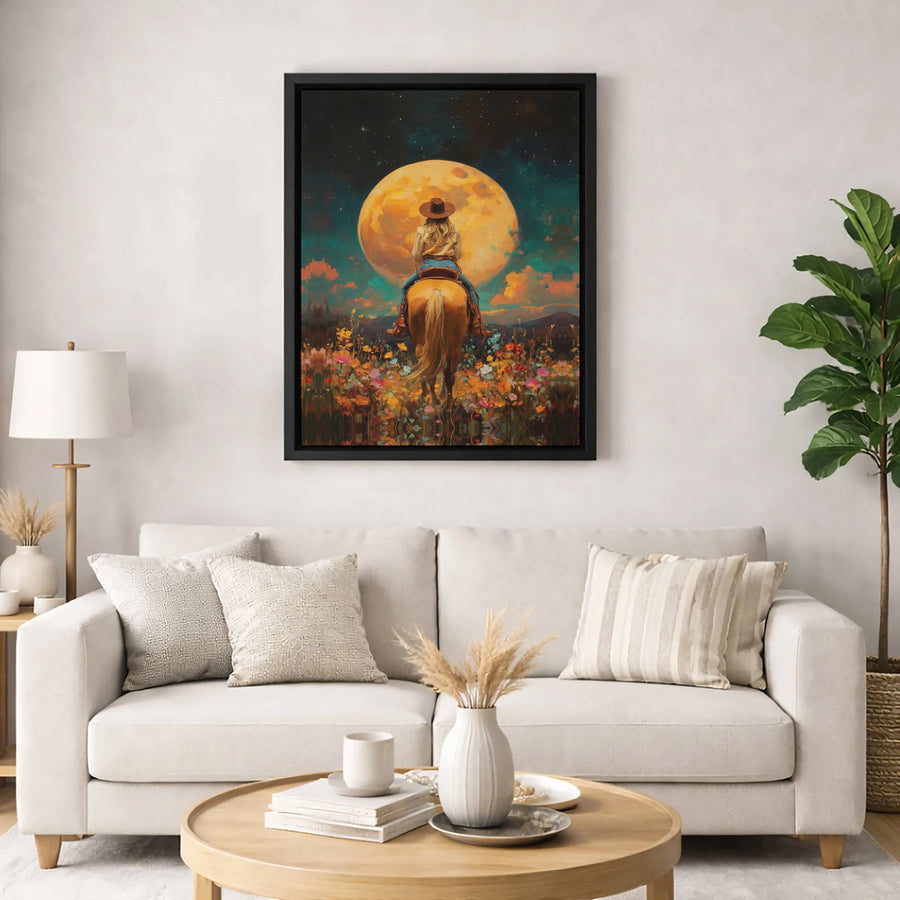 Cowgirl Horse Wall Art | Western Night Moon Landscape | Premium Gallery Wrapped Canvas | Rustic Home Decor Gift