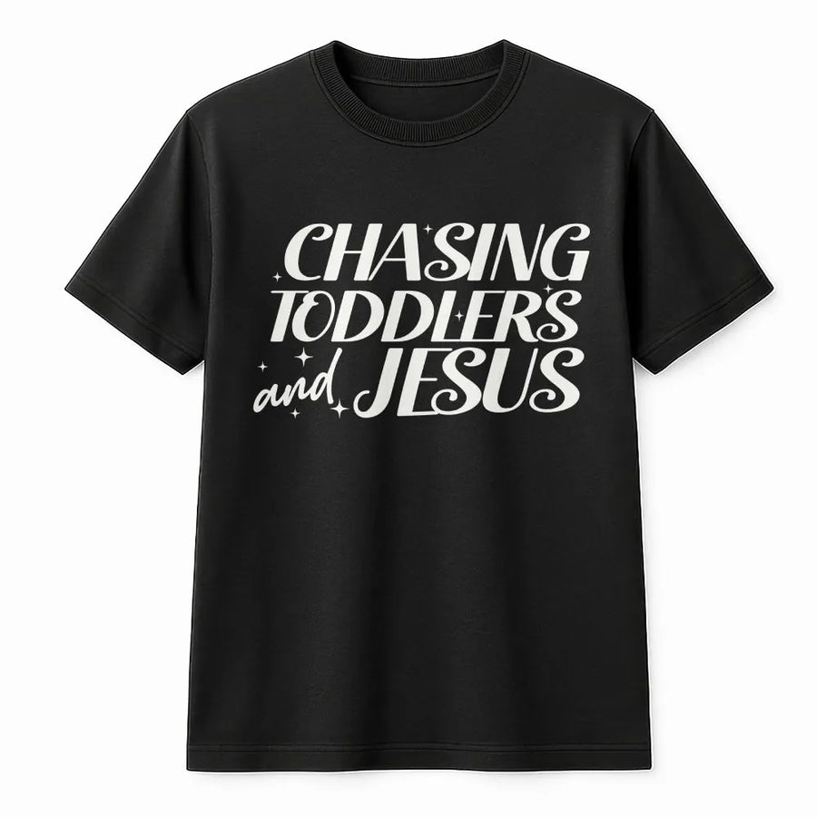 Chasing Toddlers and Jesus T-Shirt | Retro Faith Based Graphic Tee | Premium 100% Cotton | Christian Mom Gift for Church and Daily Wear