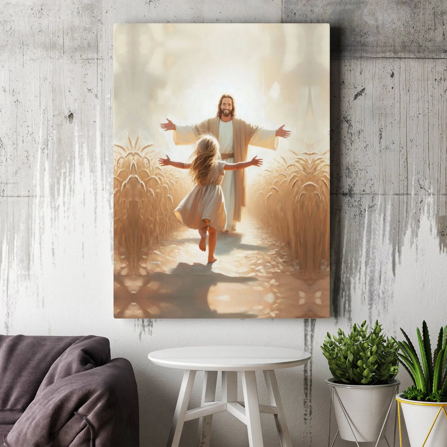 Jesus With Child Canvas Wall Art | Girl Running To Jesus In Wheat Field | Premium Gallery Wrap Print | Christian Religious Home Decor Gift