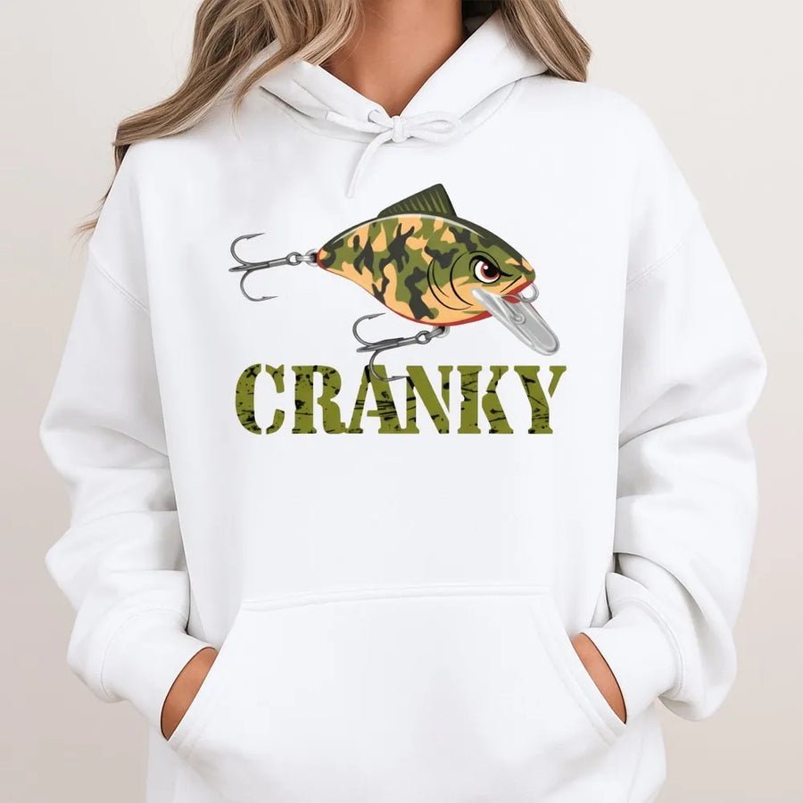 Cranky Bass Fishing Hoodie | Funny Camo Crankbait Graphic | Premium Soft Blend Apparel | Gift for Anglers and Fisherman