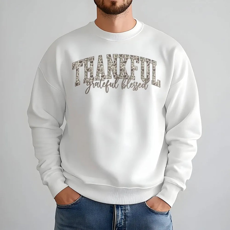 Thankful Grateful Blessed Sweatshirt | Camo Varsity Letter Graphic | Premium Cotton Blend | Fall Thanksgiving Gift For Her