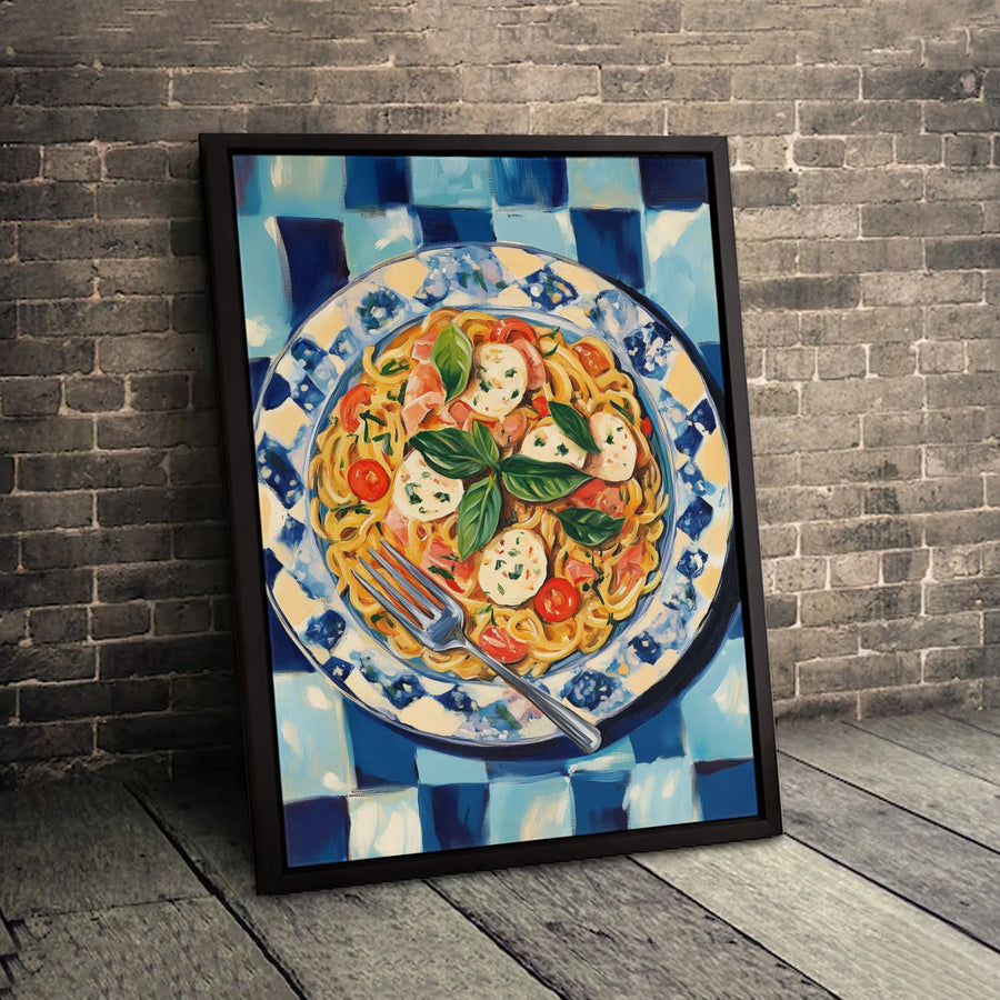 Italian Pasta Canvas Wall Art | Spaghetti Mozzarella Basil Painting | Premium Gallery Wrap Print | Kitchen Decor For Foodies