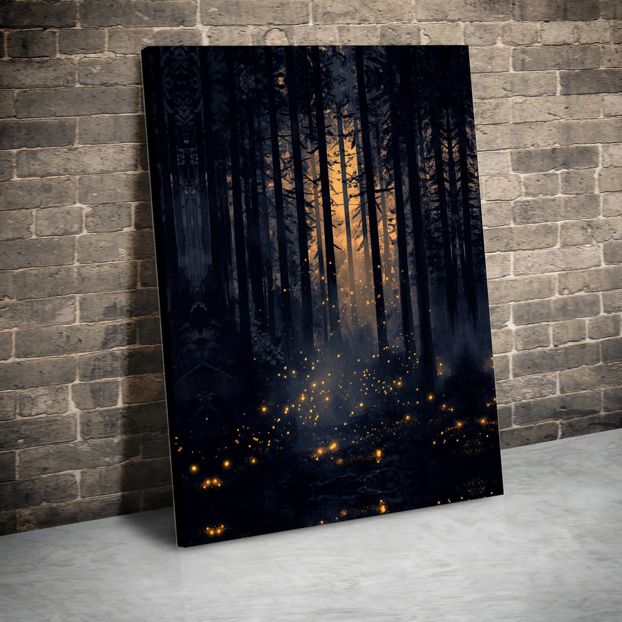 Mystical Forest Canvas Wall Art | Glowing Firefly Sunset Landscape | Premium Gallery Wrapped Wood Frame | Nature Lover Home Decor Gift