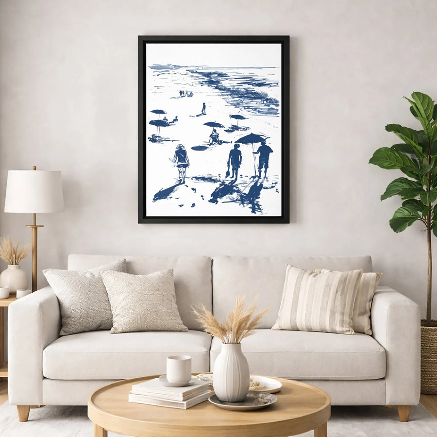 Beach Sketch Canvas Wall Art | Blue and White Seaside Scene | Premium Gallery-Wrapped Print | Coastal Home Decor for Living Room