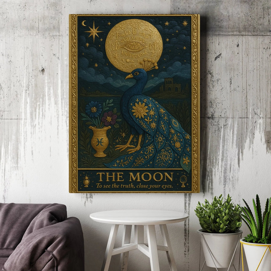 The Moon Tarot Card Canvas | Vintage Peacock & Pisces Zodiac Art | Premium Thick Gallery Canvas | Mystical Boho Home Decor Gift