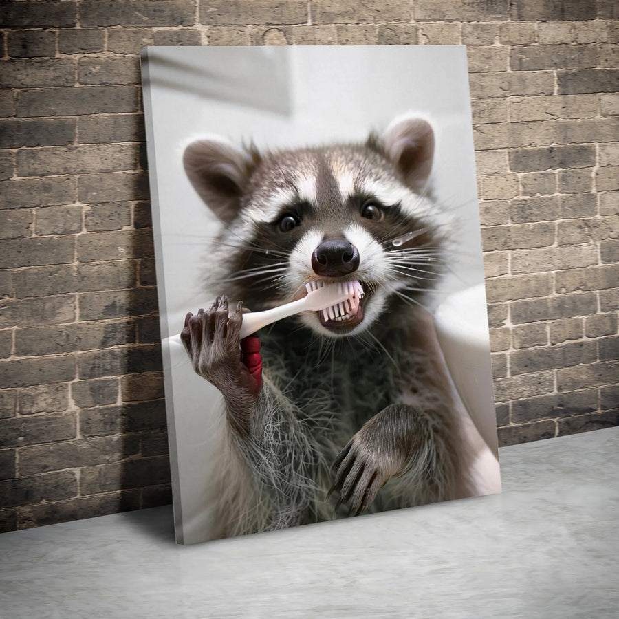 Funny Raccoon Brushing Teeth Canvas Art | Whimsical Bathroom Wall Decor | Premium 1.25-inch Thick Profile | Unique Gift for Animal Lovers