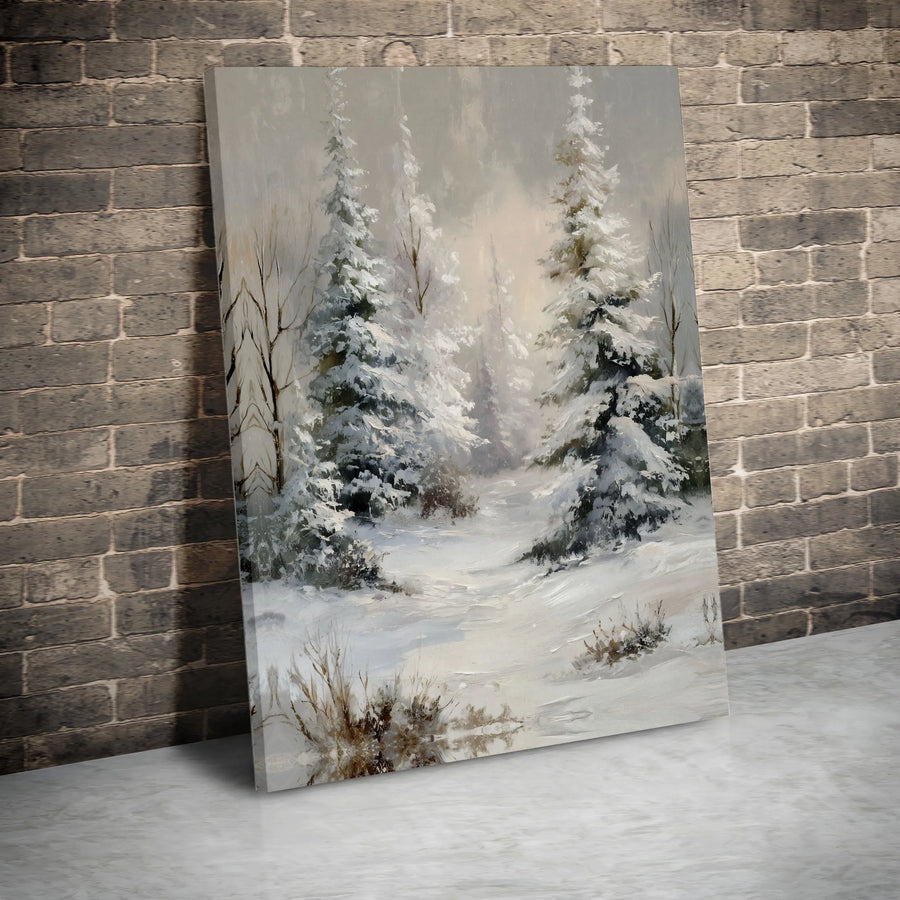 Winter Forest Canvas Print | Snowy Pine Tree Landscape Oil Painting Style | Gallery Wrapped Premium Wall Art | Seasonal Home Decor Gift