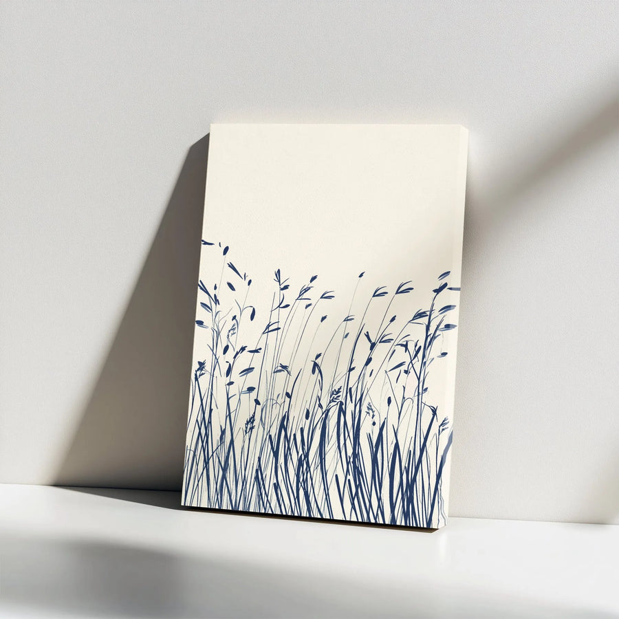 Minimalist Wild Grass Vertical Canvas | Indigo Blue Botanical Sketch | Premium 1.25" Thick Gallery Wrap | Modern Farmhouse Home Decor Gift