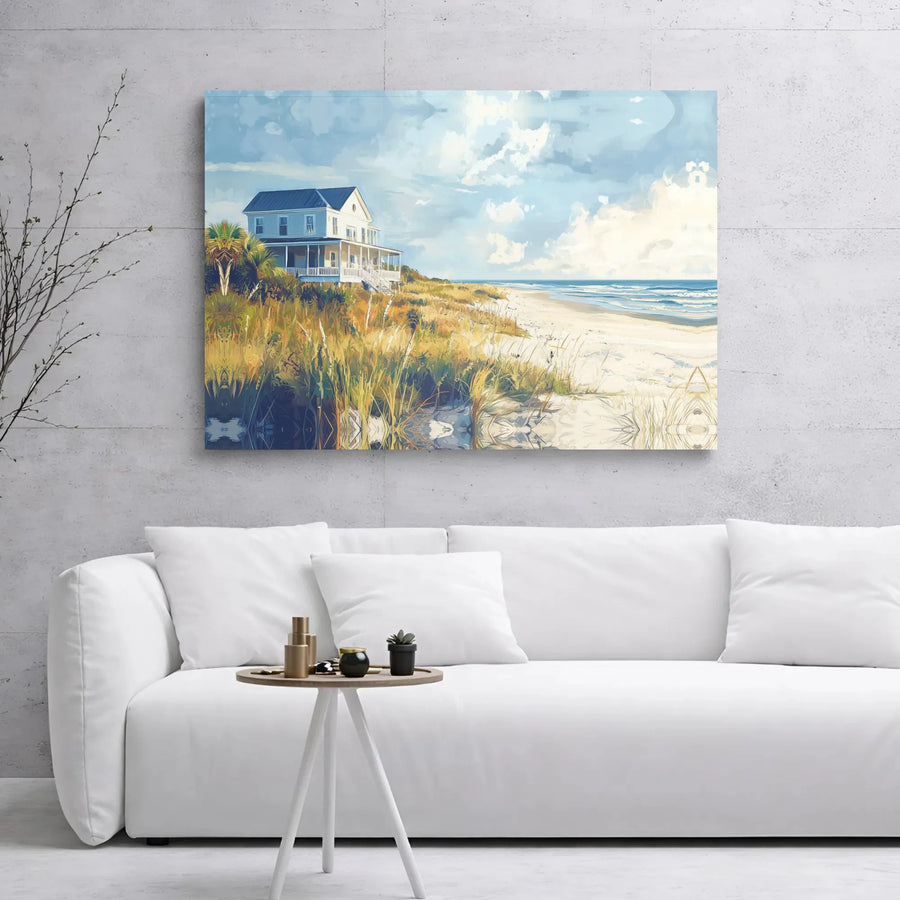Coastal Beach House Canvas Print | Modern Seaside Cottage Wall Art | Premium 1.25-Inch Gallery Wrap | Serene Ocean Decor for Home or Office