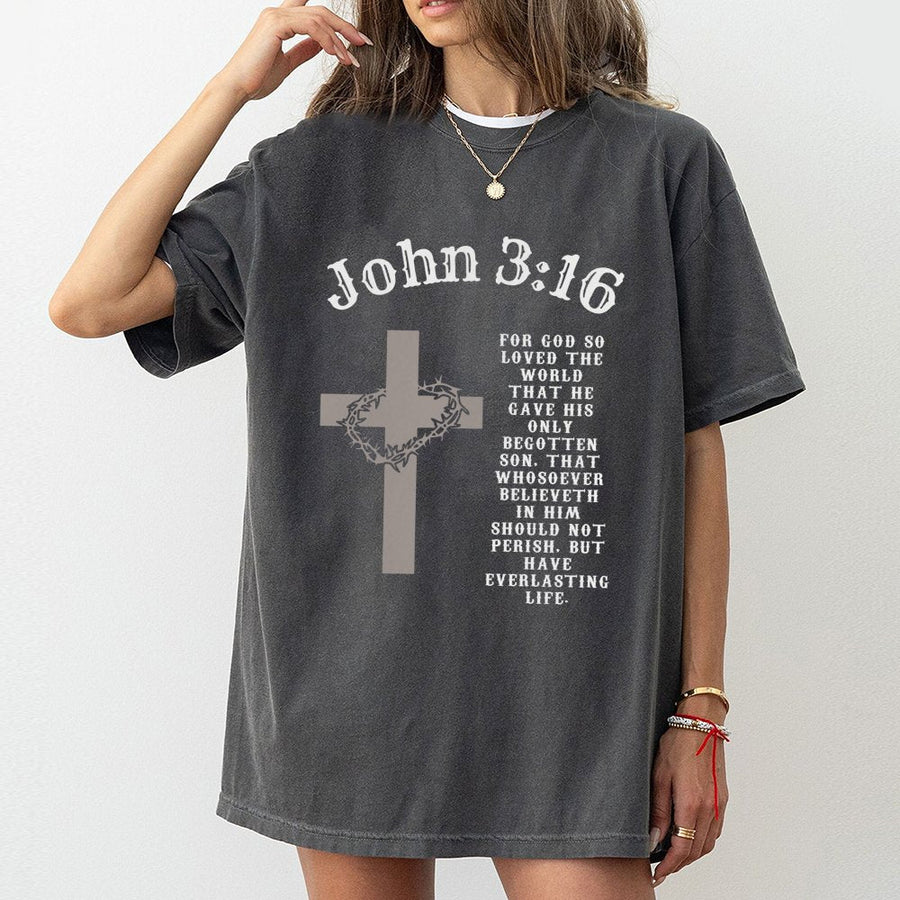 John 3:16 T-Shirt | Christian Bible Verse Scripture Cross & Crown of Thorns | 100% Cotton Premium Tee | Faith-Based Religious Gift for Men and Women