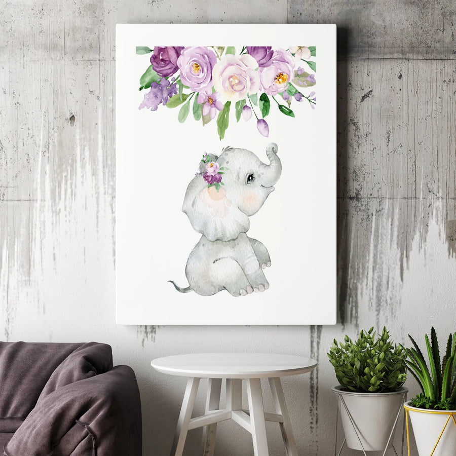 Baby Elephant Canvas Wall Art | Watercolor Purple Floral Crown Design | Premium Gallery-Wrapped Print | Nursery Decor Gift for Girls Room