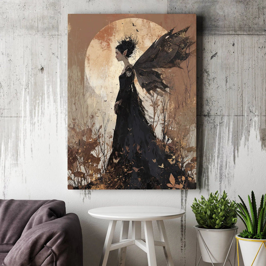 Gothic Fairy Canvas Wall Art | Moonlit Woodland Fae Illustration | Premium Thick Gallery Wrap | Dark Academia Fantasy Collector Gift