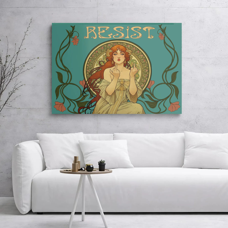 Resist Canvas Wall Art | Art Nouveau Woman Middle Finger Print | Premium Gallery Wrap Decor | Feminist Statement Gift for Home Office