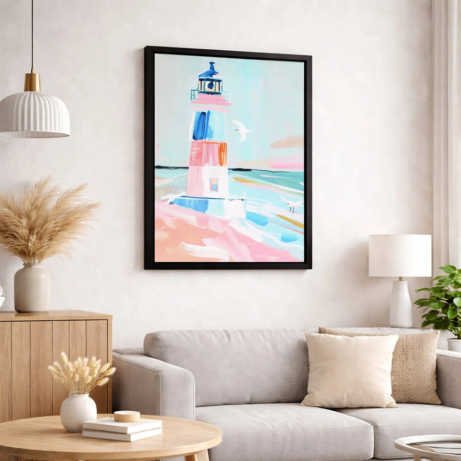 Abstract Lighthouse Canvas Wall Art | Pastel Coastal Beach Painting | Fade-Resistant Gallery Quality | Nautical Home Decor Gift