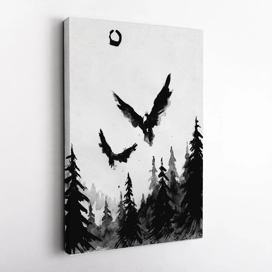 Sumi-E Bird Canvas Print | Minimalist Ink Wash Pine Forest Wall Art | Gallery Quality 1.25" Profile | Zen Nature Decor Gift for Home